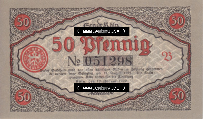 Notgeldscheine aus Köln mit Soldaten-Serie 1922 B II, 50 Pfennig 4 (2) Sammlung