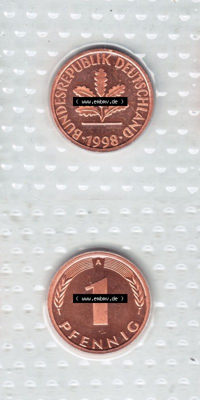 Münzen Deutschland Münzsätze Deutsche Mark Stempelglanz 1998, 1 Pfennig (4) Sammlung