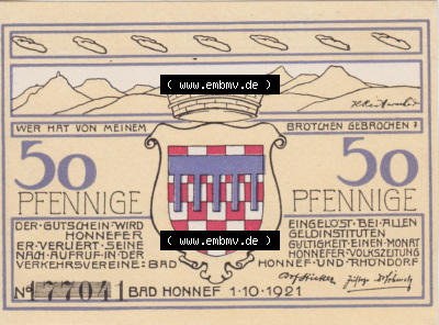 Notgeldscheine aus Bad Honnef 1921, 50 Pfennig Honnef Rommersdorf (2) Sammlung