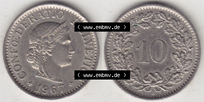 Münzen Schweiz Eurovorläufer, Umlaufmünze 1940-2018, 10 Rappen B 1967 (3) Sammlung