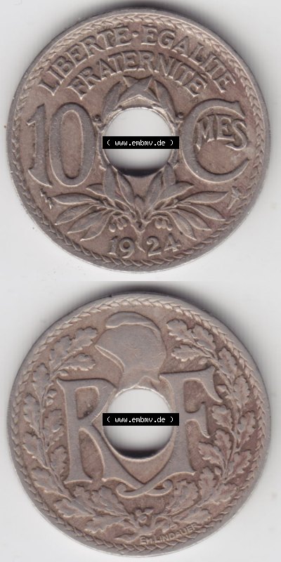 Münzen Frankreich Eurovorläufer, Umlaufmünze vor Euroeinführung 1917-1938, 10 Centimes, Cent 1924. Vorderseite und Rückseite... Sammlung
