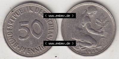 Münzen Deutschland 50 Pfennig der Deutschen Mark 1950-2001, 50 Pfennig 1968 J (3) Sammlung