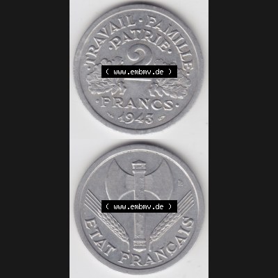 Münzen Frankreich Eurovorläufer, Umlaufmünze vor Euroeinführung 1943-1944, 2 Francs, Franken 1943. Vorderseite und Rückseite Vertikal Untereinander,... Sammlung