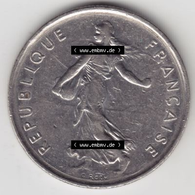 Münzen Frankreich Eurovorläufer, Umlaufmünze vor Euroeinführung 1970-2001, 5 Francs Liberte Egalite Fraternite. Rückseite einer Münze aus Europa als Digitales... Sammlung
