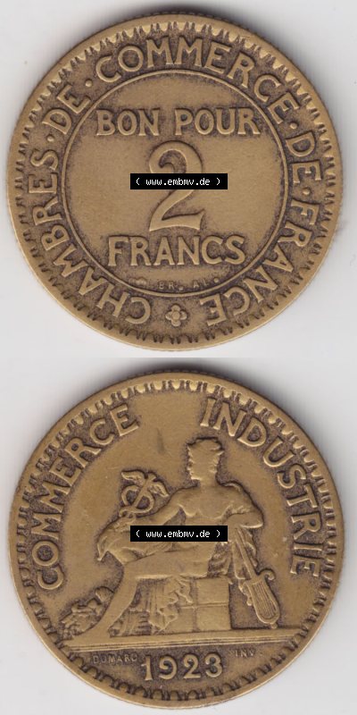 Münzen Frankreich Eurovorläufer, Umlaufmünze vor Euroeinführung 1920-1927, 2 Francs, Franken 1923. Vorderseite und Rückseite... Sammlung