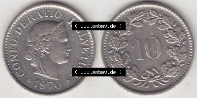 Münzen Schweiz Eurovorläufer, Umlaufmünze 1940-2018, 10 Rappen B 1970 I. (3) Sammlung