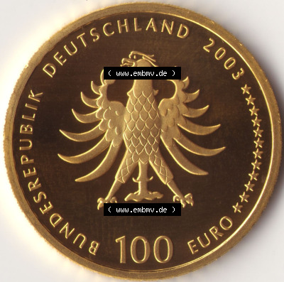 Münzen Deutschland 100 Euro Goldmünzen 2003. Rückseite einer Münze aus dem Deutschen Kaiserreich in Europa als Digitales Bild... Sammlung