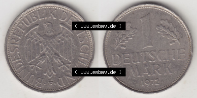 Münzen Deutschland 1950-2001, 1 Deutsche Mark 1972 F. Vorderseite und Rückseite der Münze aus Deutschland Sammlung