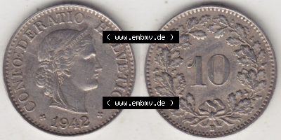 Münzen Schweiz Eurovorläufer, Umlaufmünze 1940-Heute, 10 Rappen B 1942 (3) Sammlung