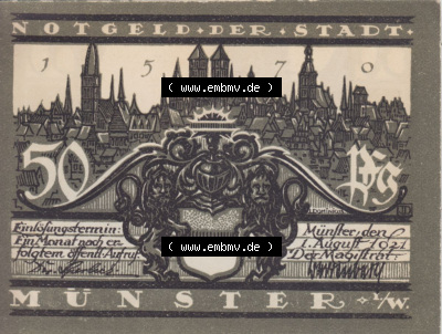 Notgeldscheine aus Münster 1921, 50 Pfennig Münster Blick auf Lamberti (1) Sammlung