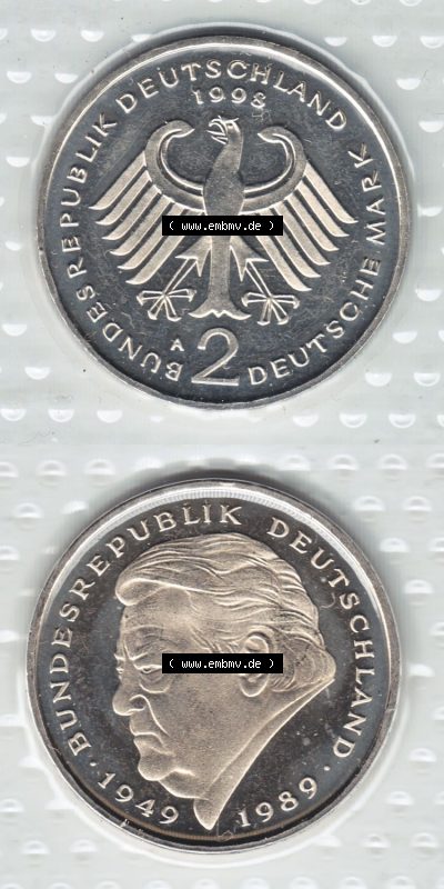 Münzen Deutschland Münzsätze Deutsche Mark Stempelglanz 1998, 2 DM-Deutsche Mark Franz Josef Strauß (4) Sammlung