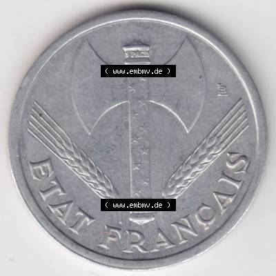 Münzen Frankreich Eurovorläufer, Umlaufmünze vor Euroeinführung 1942-1944, 1 Franc, Franken 1943. Rückseite einer Münze... Sammlung