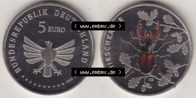 Münzen Deutschland 5 Euro-Sondermünzen 2024, D 5 Euro Hirschkäfer. Vorderseite und Rückseite eines Insekten-Motives als digitalisiertes... Sammlung