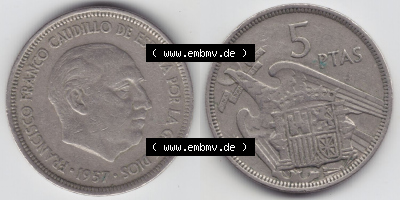 Münzen Spanien Eurovorläufer, Umlaufmünze vor Euroeinführung 1957, 1957-1975, 5 PTAS, Peseten 1958 (3) Sammlung