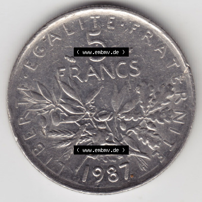Münzen Frankreich Eurovorläufer, Umlaufmünze vor Euroeinführung 1970-2001, 5 Francs Liberte Egalite Fraternite. Vorderseite... Sammlung