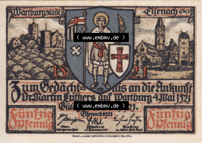 Notgeldscheine aus Eisenach 1921, 50 Pfennig, Eine feste Burg ist unser Gott (2) Sammlung
