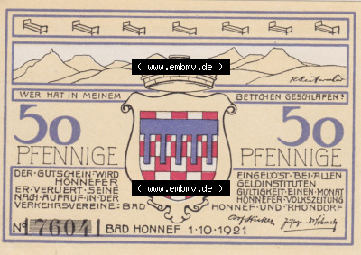 Notgeldscheine aus Bad Honnef 1921, 50 Pfennig Bad Rhöndorf (2) Sammlung