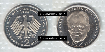 Münzen Deutschland Münzsätze Deutsche Mark Stempelglanz 1998, 2 DM-Deutsche Mark Willy Brandt (3) Sammlung
