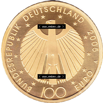 Münzen Deutschland 100 Euro Goldmünzen 2005. Vorderseite einer Münze aus dem deutschen Kaiserreich in Europa als Digitales... Sammlung