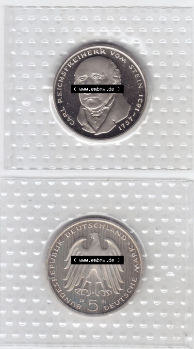 Münzen Deutschland 5 DM-Gedenkmünze 1981, Reichsfreiherr von Stein (3) Sammlung