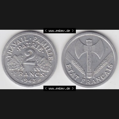 Münzen Frankreich Eurovorläufer, Umlaufmünze vor Euroeinführung 1943-1944, 2 Francs, Franken 1943. Vorderseite und Rückseite Nebeneinander einer Münze... Sammlung