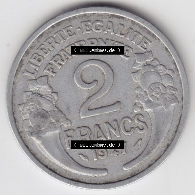 Münzen Frankreich Eurovorläufer, Umlaufmünze vor Euroeinführung 1941-1959, 2 Francs, Franken 1947. Vorderseite einer Münze aus Europa als Digitales Bild... Sammlung