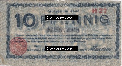Notgeldscheine aus Köln 1918, H 27, 10 Pfennig (1) Sammlung