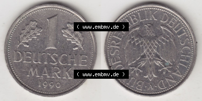 Münzen Deutschland 1990-2001, 1 Deutsche Mark 1990 A. Vorderseite und Rückseite auf einen digitalen Bild / Foto der Münze aus... Sammlung