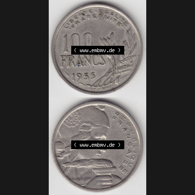 Münzen Frankreich Eurovorläufer, Umlaufmünze vor Euroeinführung 1954-1958; 100 Francs, Franken Typ I. 1955. Vorderseite und Rückseite Vertikal Untereinander,... Sammlung