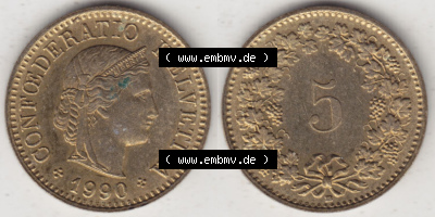 Münzen Schweiz Eurovorläufer, Umlaufmünze 1979-Heute, 5 Rappen E 1990 (3) Sammlung