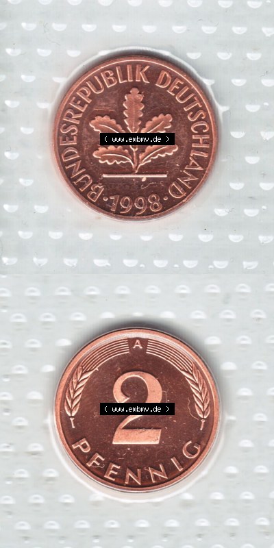 Münzen Deutschland Münzsätze Deutsche Mark Stempelglanz 1998, 2 Pfennig (4) Sammlung
