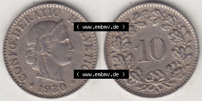 Münzen Schweiz Eurovorläufer, Umlaufmünze 1919-1931, 10 Rappen B 1930 II. (3) Sammlung
