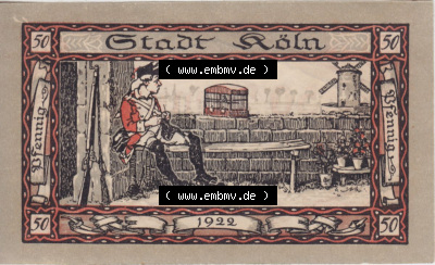 Notgeldscheine aus Köln mit Soldaten-Serie 1922 A III, 50 Pfennig (1) Sammlung