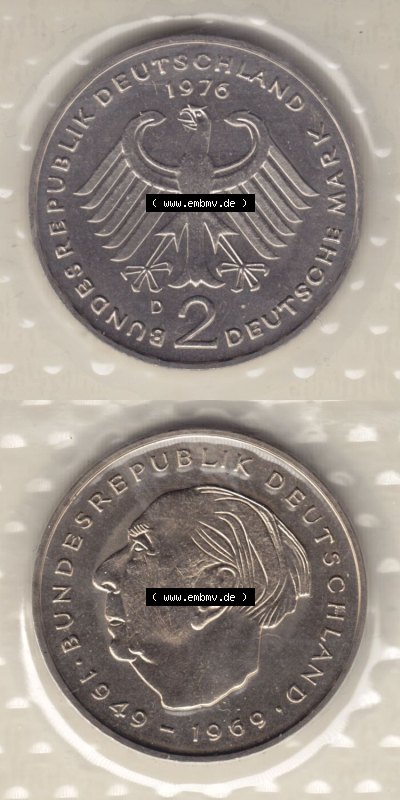Münzen Deutschland Münzsätze Deutsche Mark Stempelglanz 1976, 2 Mark Theodor Heuss (5) Sammlung