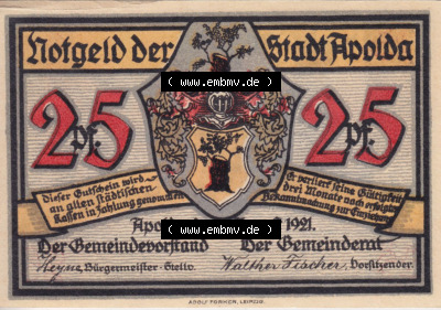 Notgeldscheine aus Apolda 1921, 25 Pfennig, Schattenbilder C (1) Sammlung