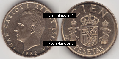 Münzen Spanien Eurovorläufer, Umlaufmünze vor Euroeinführung 1982-1990, 100 Cien Peseten 1982 (3) Sammlung