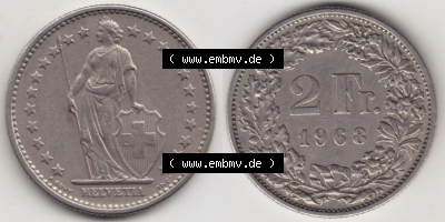 Münzen Schweiz Eurovorläufer, Umlaufmünze 1968-1982, 2 Franken RM 1968 (3) Sammlung