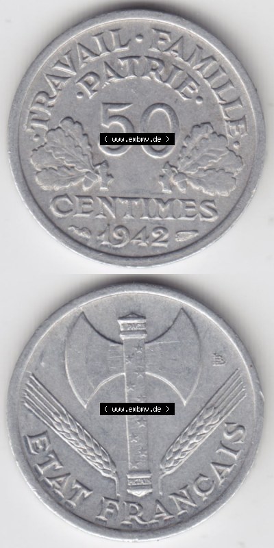 Münzen Frankreich Eurovorläufer, Umlaufmünze vor Euroeinführung 1942-1944, 50 Centimes, Cent 1942. Vorderseite und Rückseite... Sammlung
