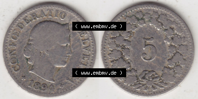 Münzen Schweiz Eurovorläufer, Umlaufmünze 1879-1917, 5 Rappen B 1894 (3) Sammlung