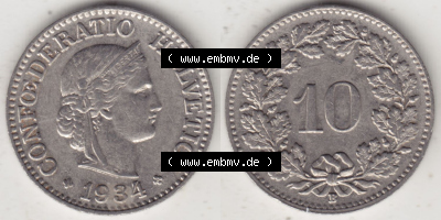 Münzen Schweiz Eurovorläufer, Umlaufmünze 1932-1939, 10 Rappen B 1934 I. (3) Sammlung