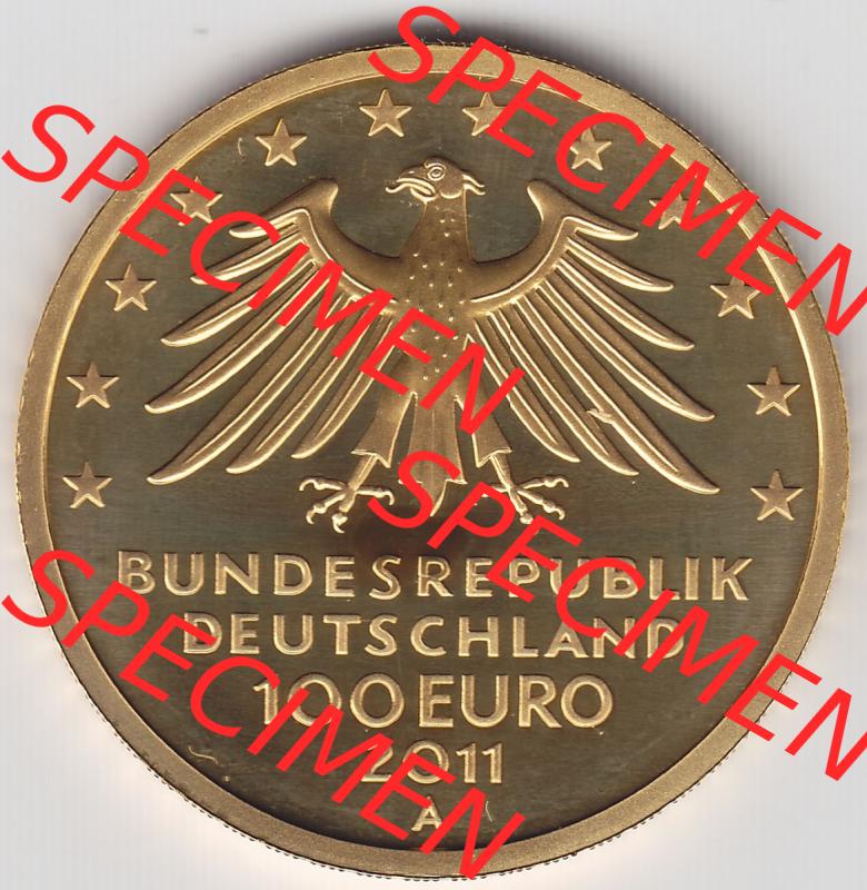 Münzen Deutschland 100 Euro Goldmünzen 2011. Vorderseite und Rückseite Vertikal Untereinander, passend für Mobile-Geräte, einer Münze aus Europa dem Deutschen... Sammlung
