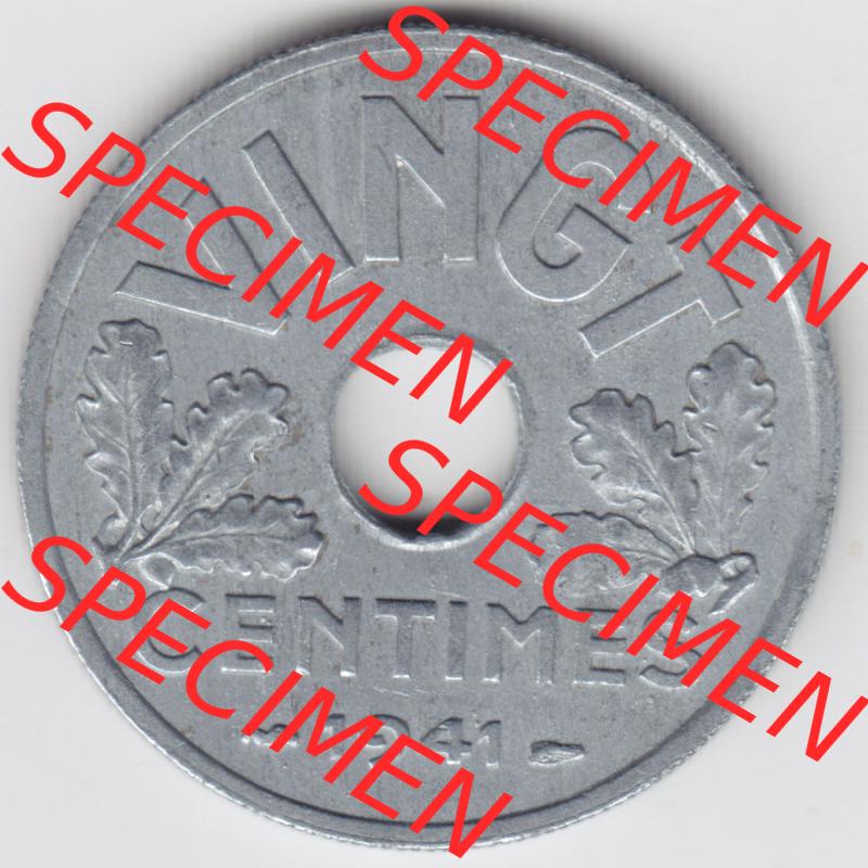 Münzen Frankreich Eurovorläufer, Umlaufmünze vor Euroeinführung 1941-1941, VINGT 20 Centimes, Cent. Vorderseite einer Münze aus Europa als Digitales Bild... Sammlung