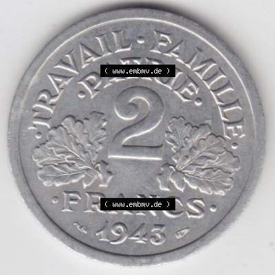 Münzen Frankreich Eurovorläufer, Umlaufmünze vor Euroeinführung 1943-1944, 2 Francs, Franken 1943. Vorderseite einer Münze... Sammlung