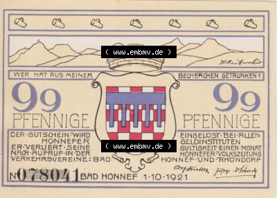 Notgeldscheine aus Bad Honnef 1921, 99 Pfennig Lowenburg zur Ritterzeit (2) Sammlung