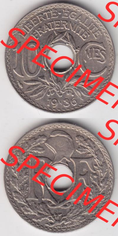 Münzen Frankreich Eurovorläufer, Umlaufmünze vor Euroeinführung 1917-1938, 10 Centimes, Cent 1936. Vorderseite und Rückseite Vertikal Untereinander einer... Sammlung