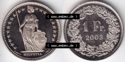 Münzen Schweiz Eurovorläufer, Umlaufmünze 1983-2018, 1 Franken B 2003 (3) Sammlung