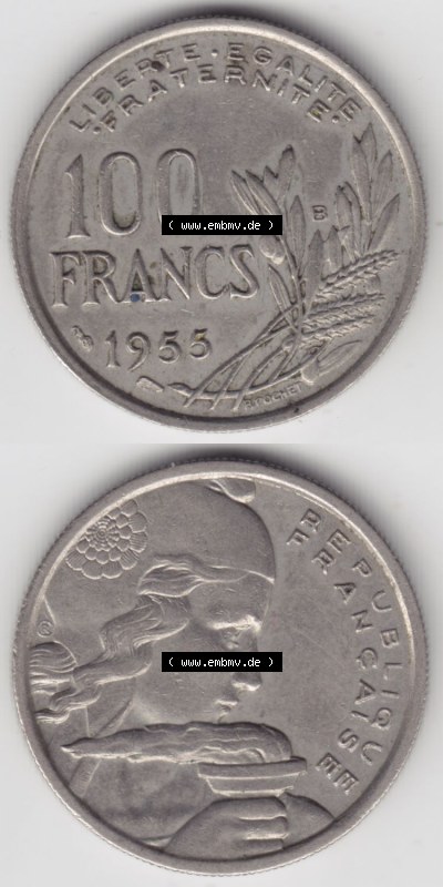 Münzen Frankreich Eurovorläufer, Umlaufmünze vor Euroeinführung 1954-1958; 100 Francs, Franken Typ I. 1955. Vorderseite und... Sammlung
