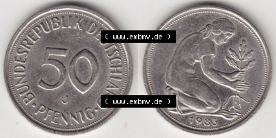 Münzen Deutschland 50 Pfennig der Deutschen Mark 1950-2001, 50 Pfennig 1983 J (3) Sammlung