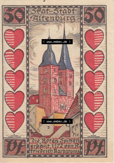 Notgeldscheine aus Altenburg Skat Die Roten Spitzen, erbaut 1172 von Barbarossa (1) Sammlung