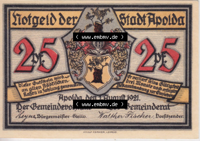 Notgeldscheine aus Apolda 1921, 25 Pfennig, Schattenbilder E (1) Sammlung